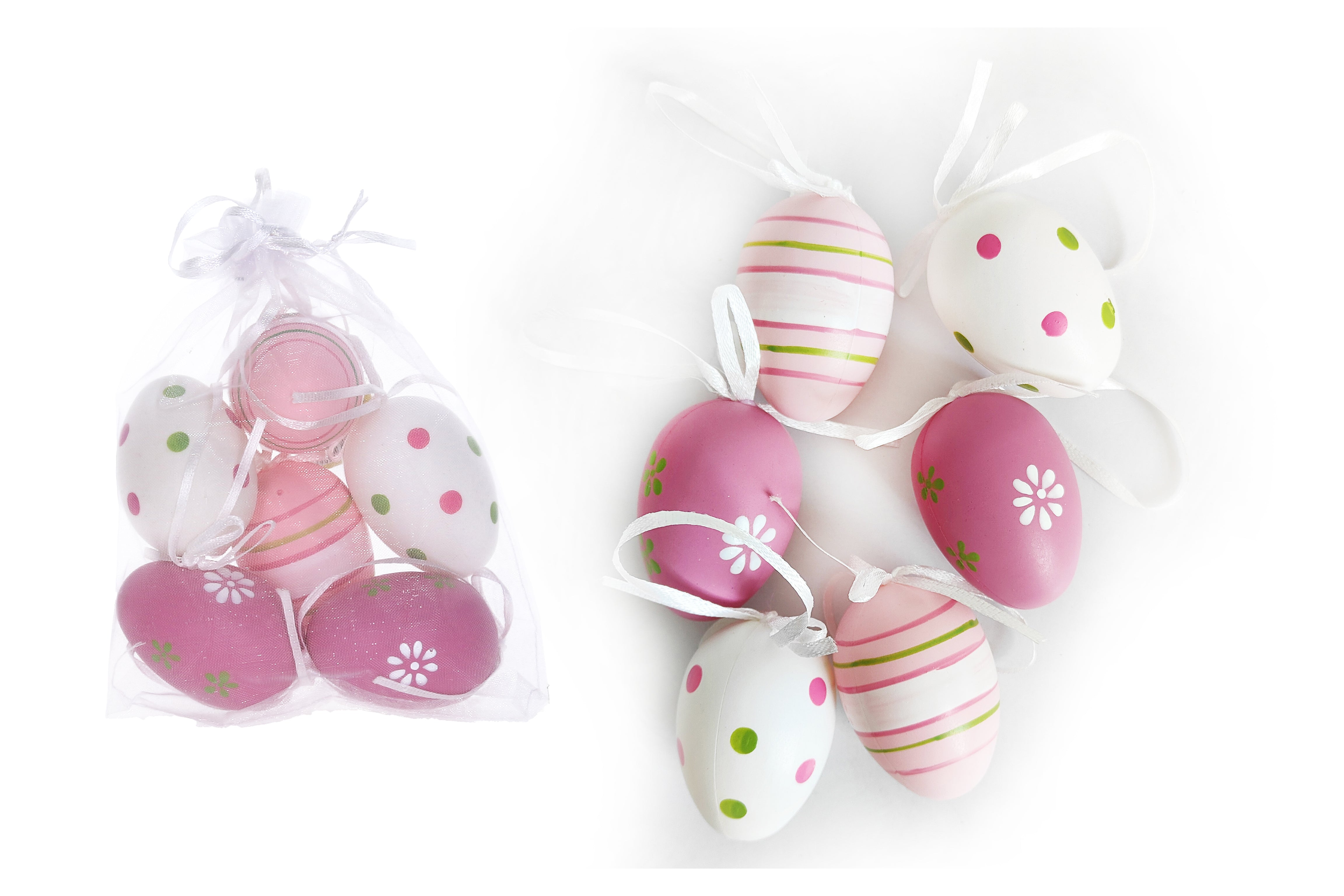 Ovo pintado plástico decorativo 6 cm 6 PCes em um saco de organza