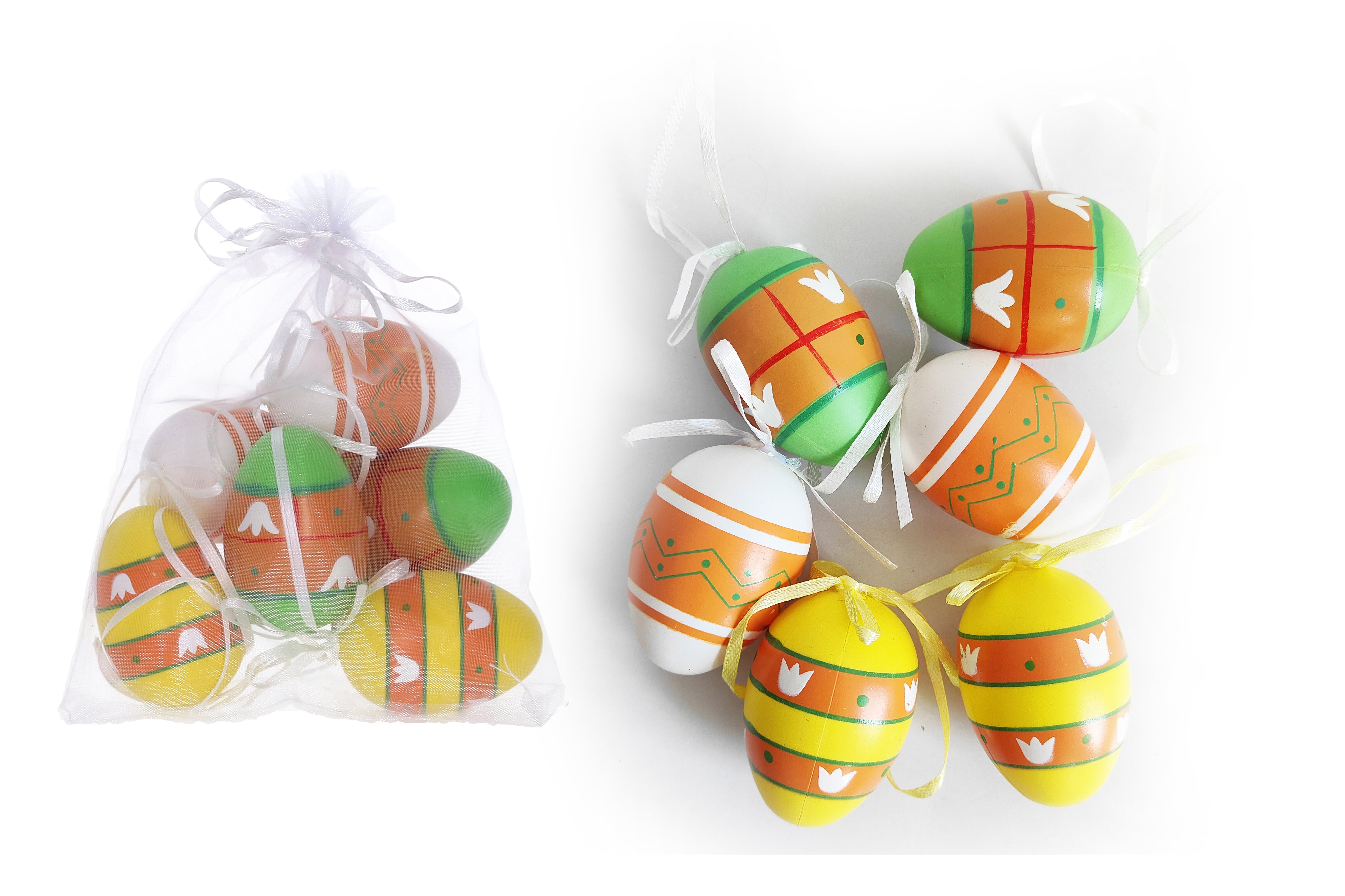 Ovo pintado plástico decorativo 6 cm 6 PCes em um saco de organza