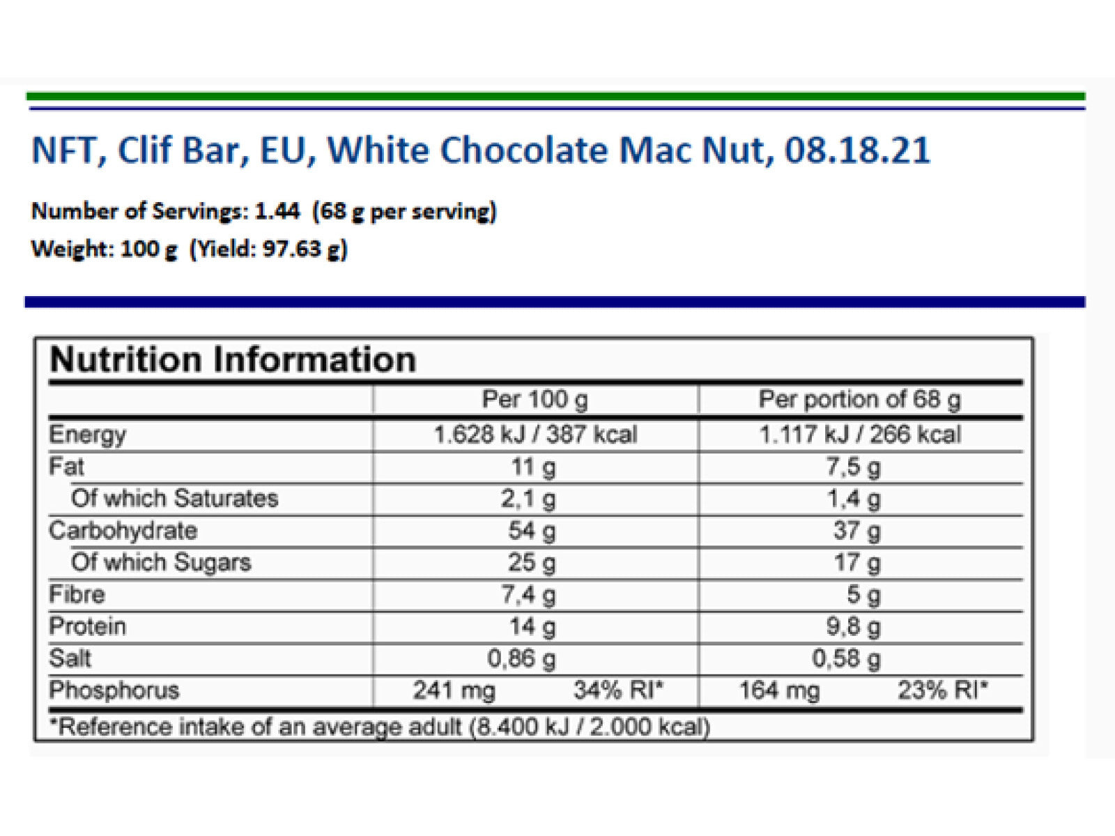 Clif Bar Energy Bar White Chocolate Macadamia Nut Macadamia-weiß