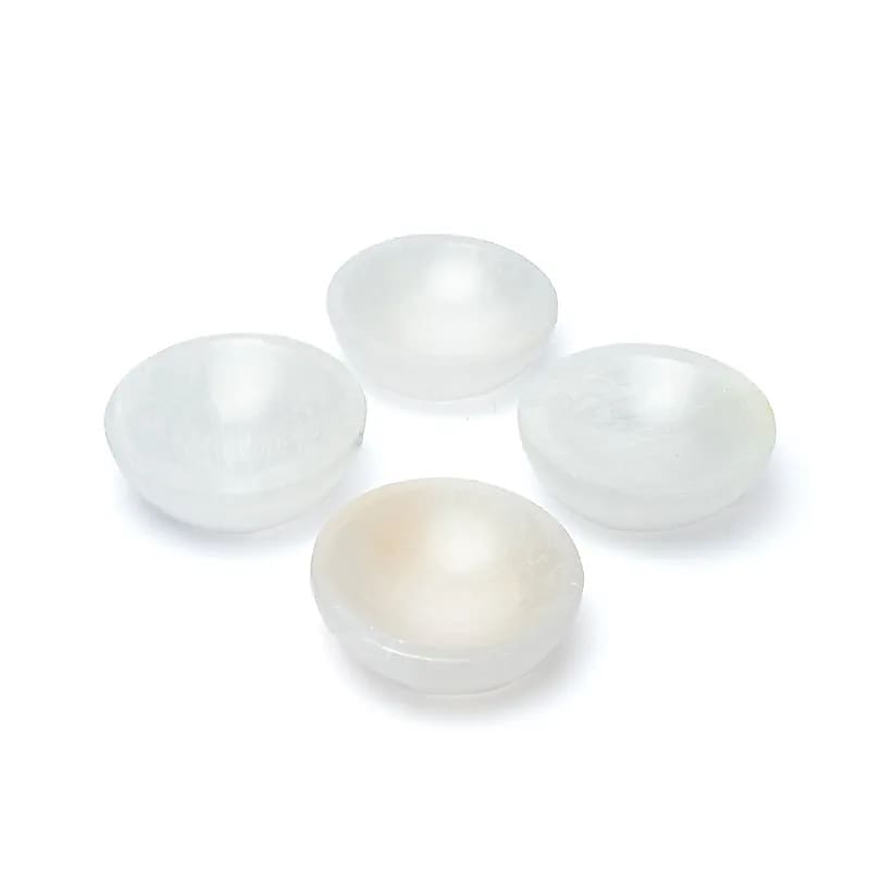 Selenit satin rund skål --paket med 4 st - ±8x8x2,5cm