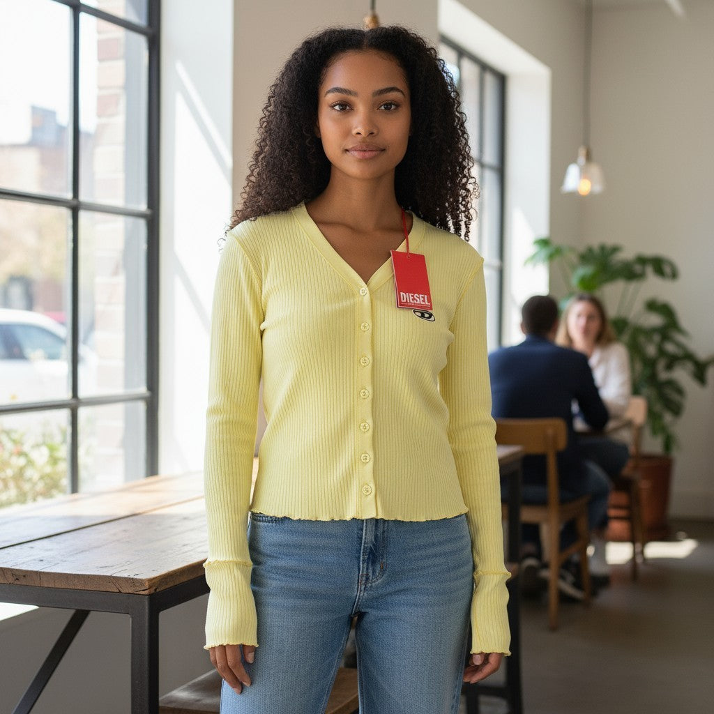 Tricou pentru damă Diesel T-ribby-deschis, galben Ribbed Buttoned Cropped