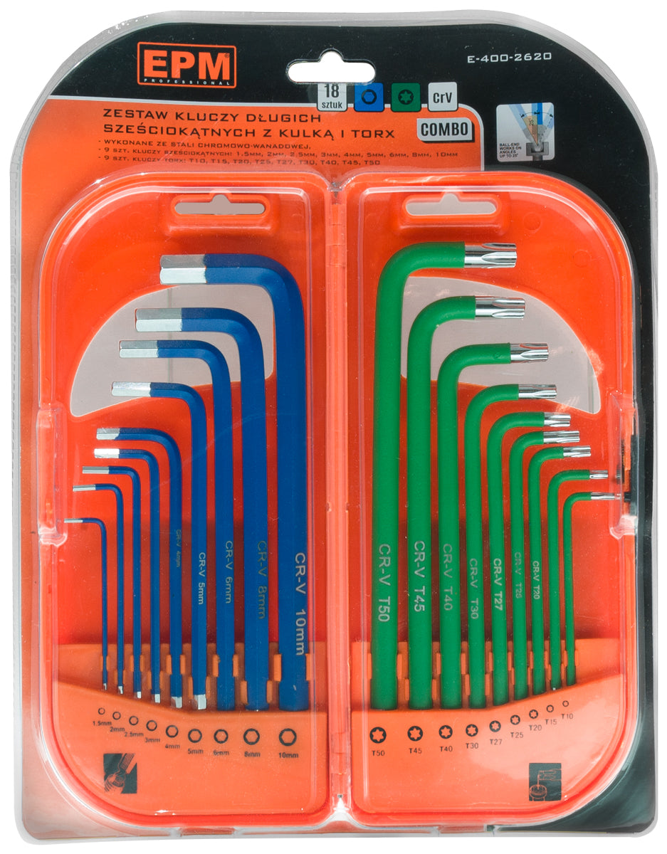 Conjunto de chaves longas hexagonais e torx 18 peças