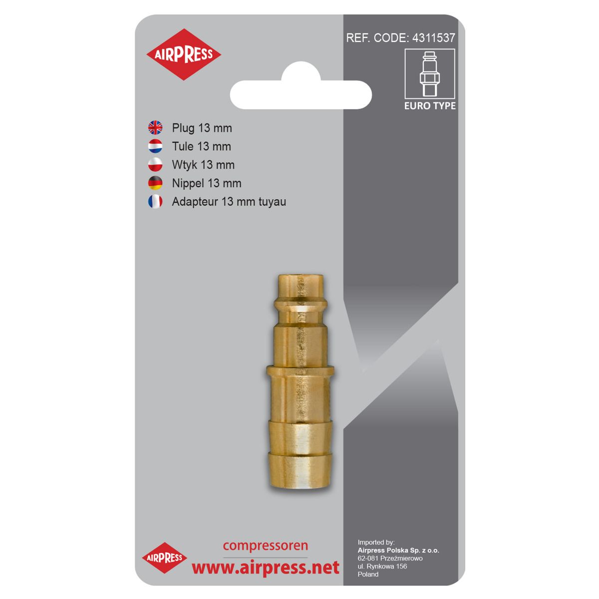 Zástrčka rychlospojky s výstupem hadice 13 mm