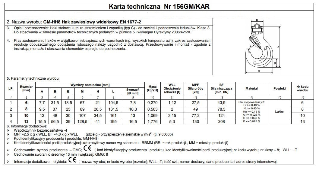 Hak do zawieszenia widelca z zabezpieczeniem G8 13mm Wll5.3t