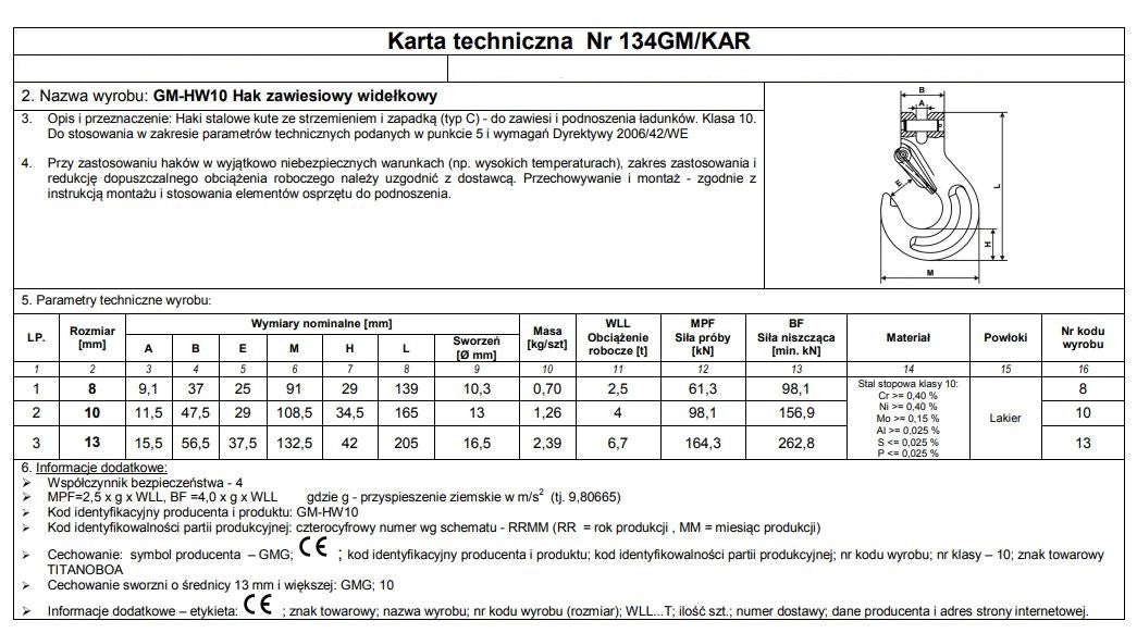 Gancio per imbracatura a perni con sicurezza G10 10mm Wll