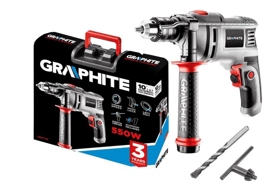 Taladro de impacto de 550 W, portabrocas con llave de 13 mm, velocidad 0-3000