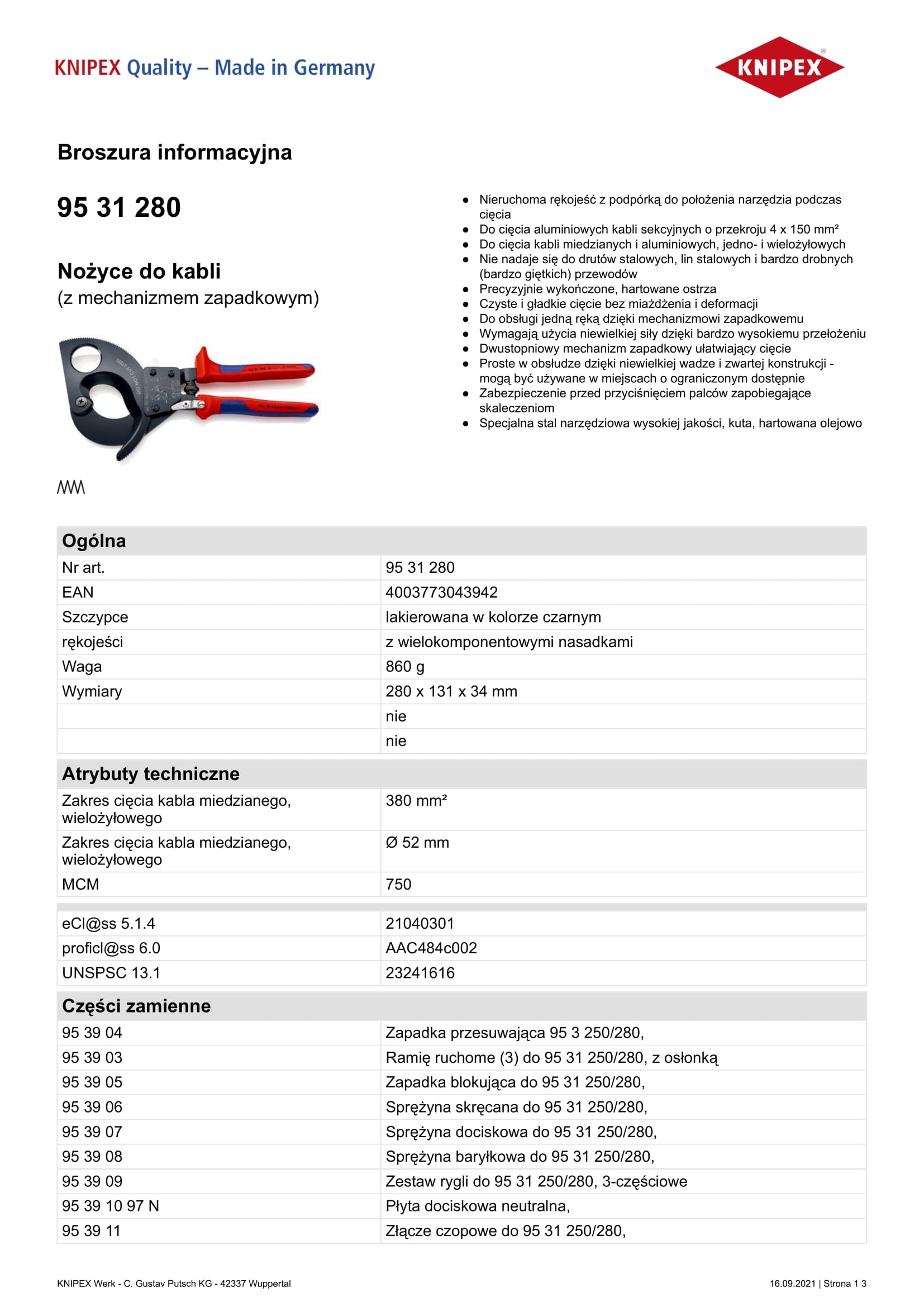 Kabelskärare 280 mm spärrmekanism