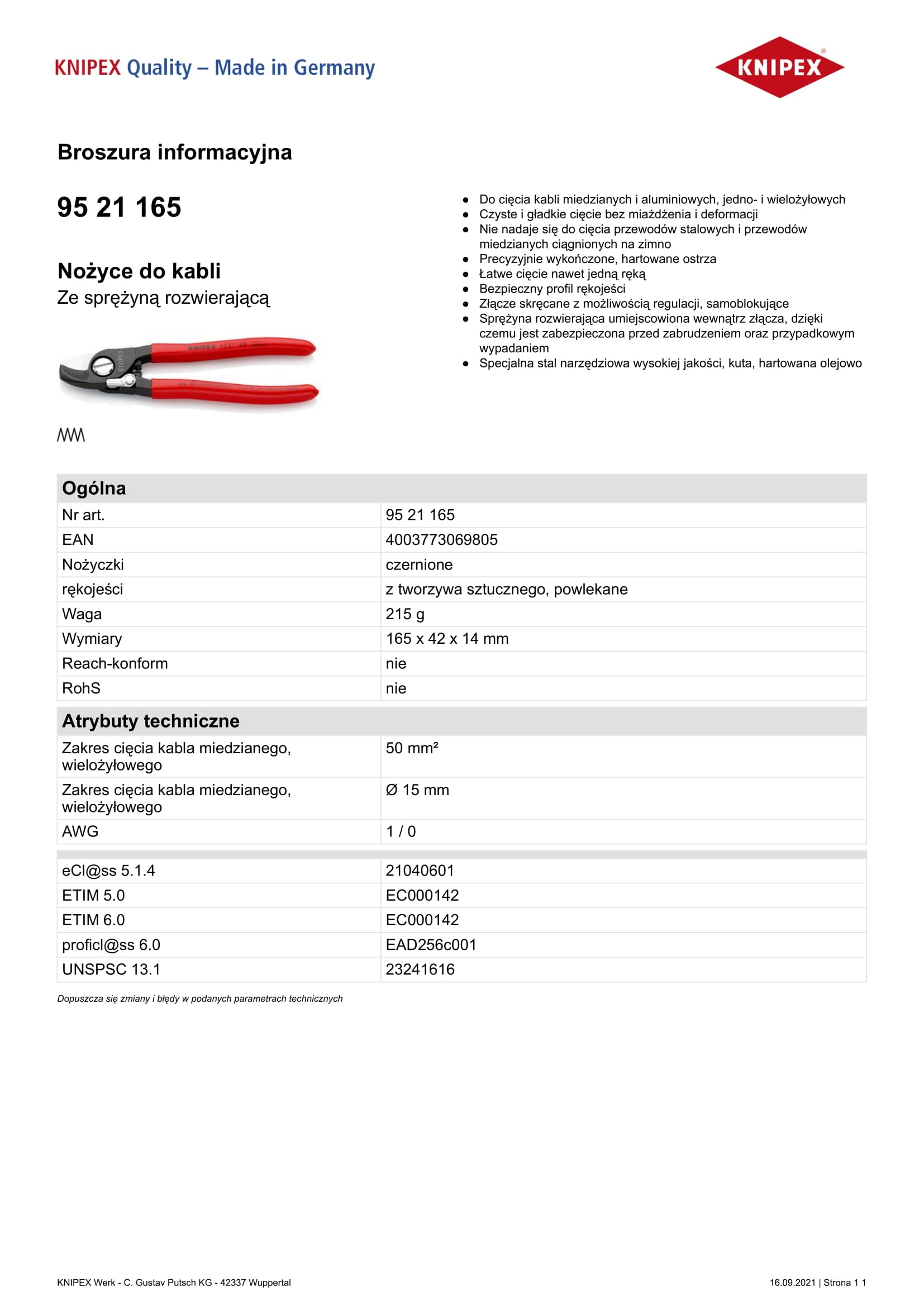 Řezačka na kabely s otevírací pružinou 165 mm
