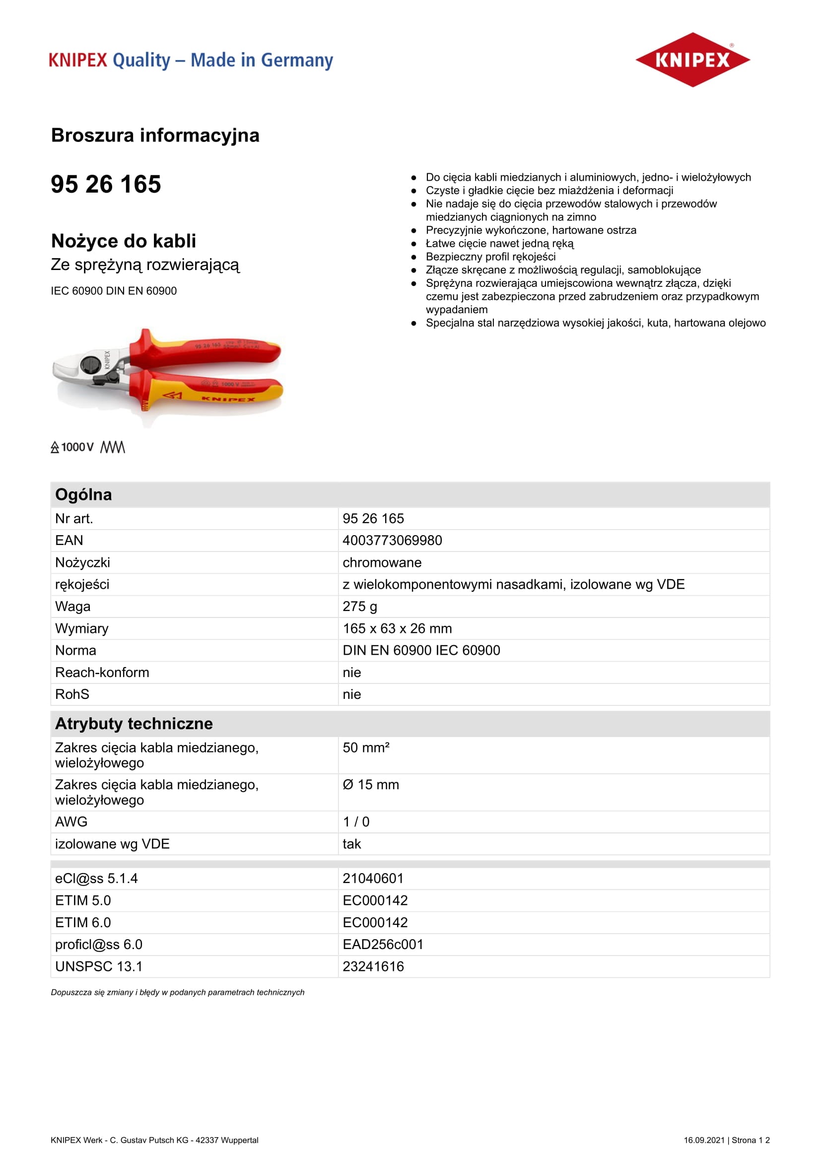 Isolierter Kabelschneider mit Öffnungsfeder 165 mm