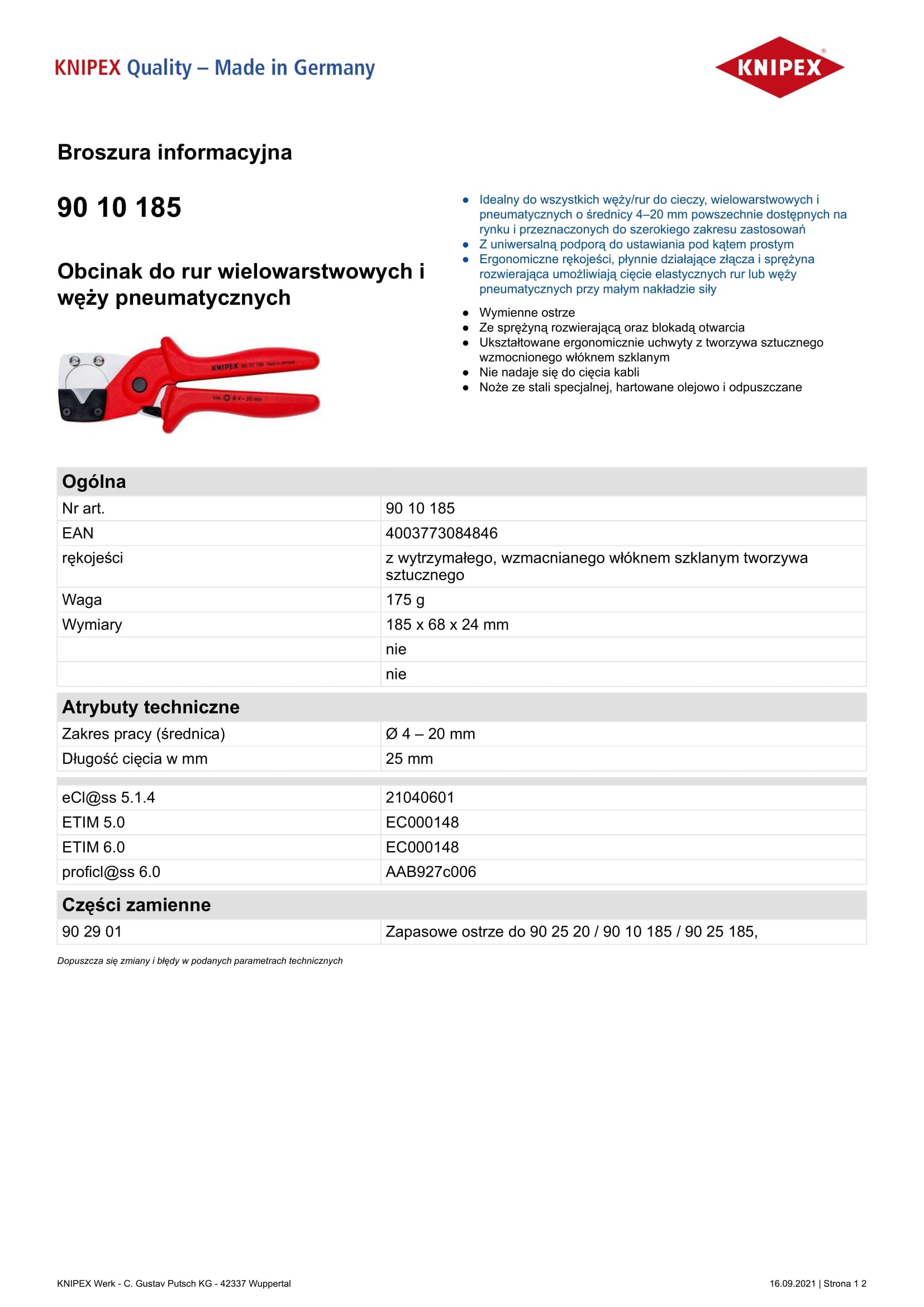 Obcinak do rur wielowarstwowych i węży pneumatycznych 185mm