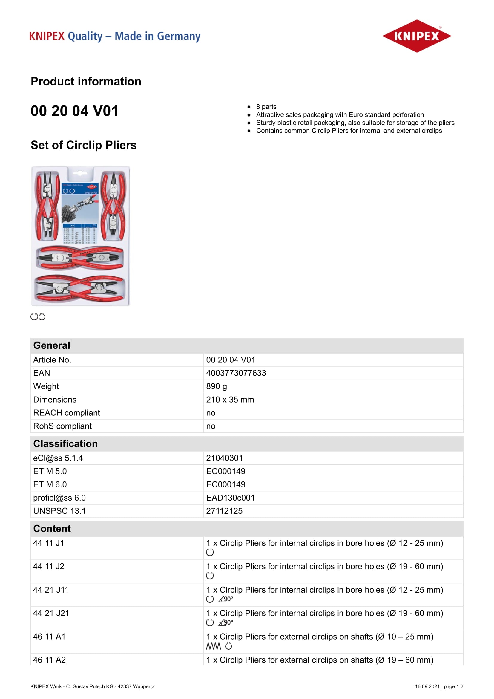 Set di pinze per anelli di sicurezza 8 pezzi 00 20 04 V01