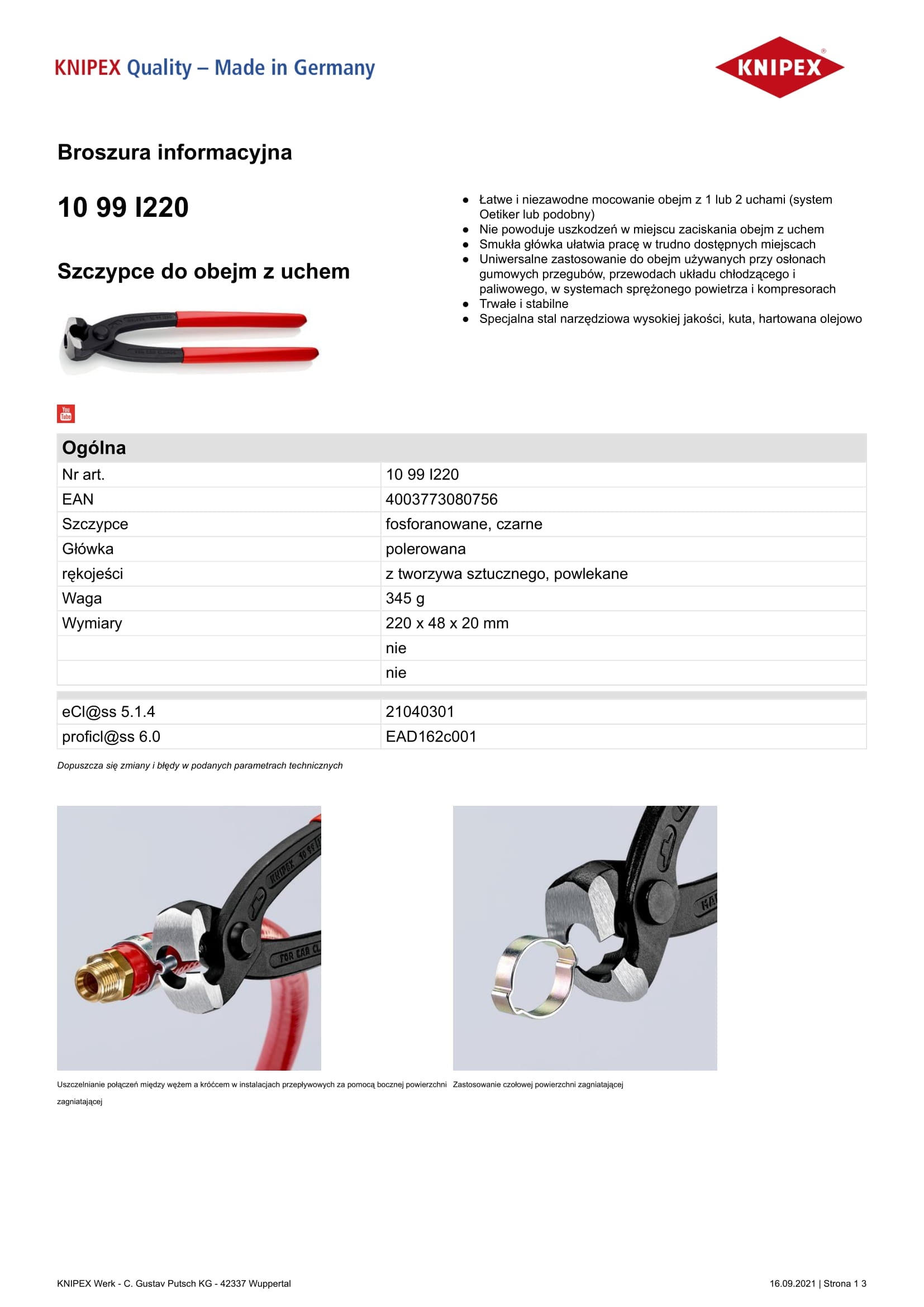 Oetiker Cable Clamp Installation Pliers 220mm