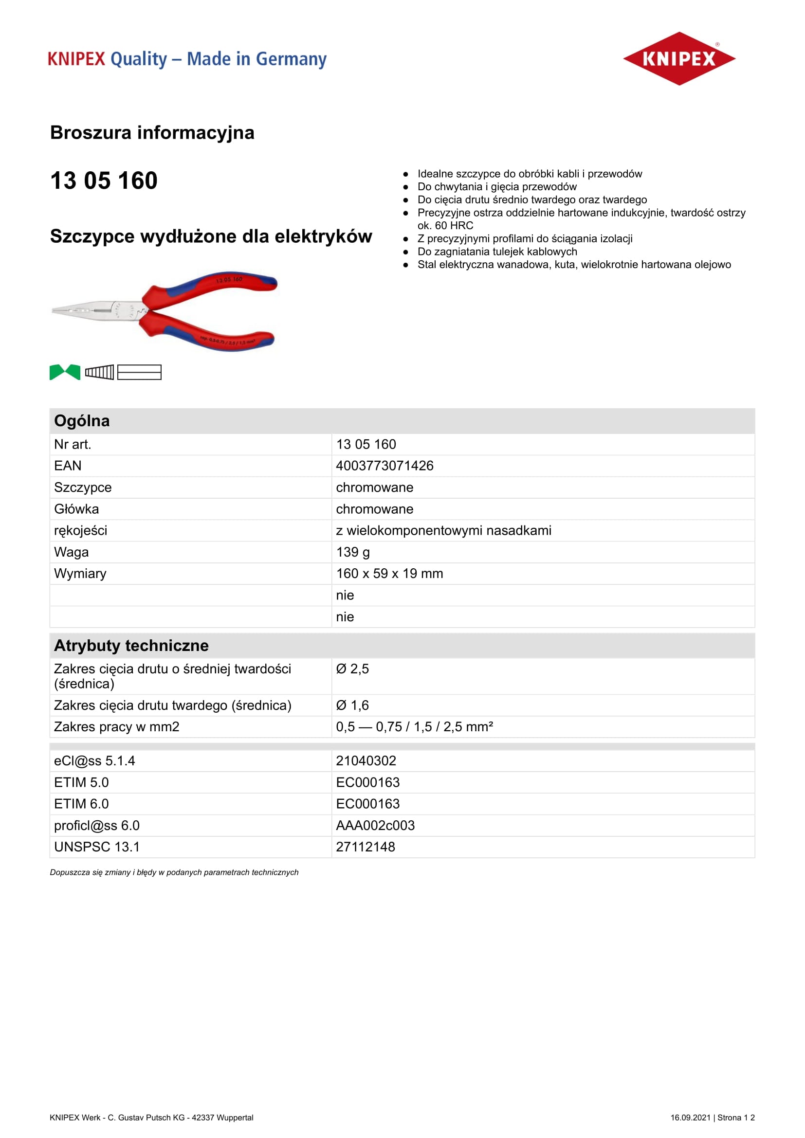 Elektrikárske kliešte s dlhým nosom 160 mm