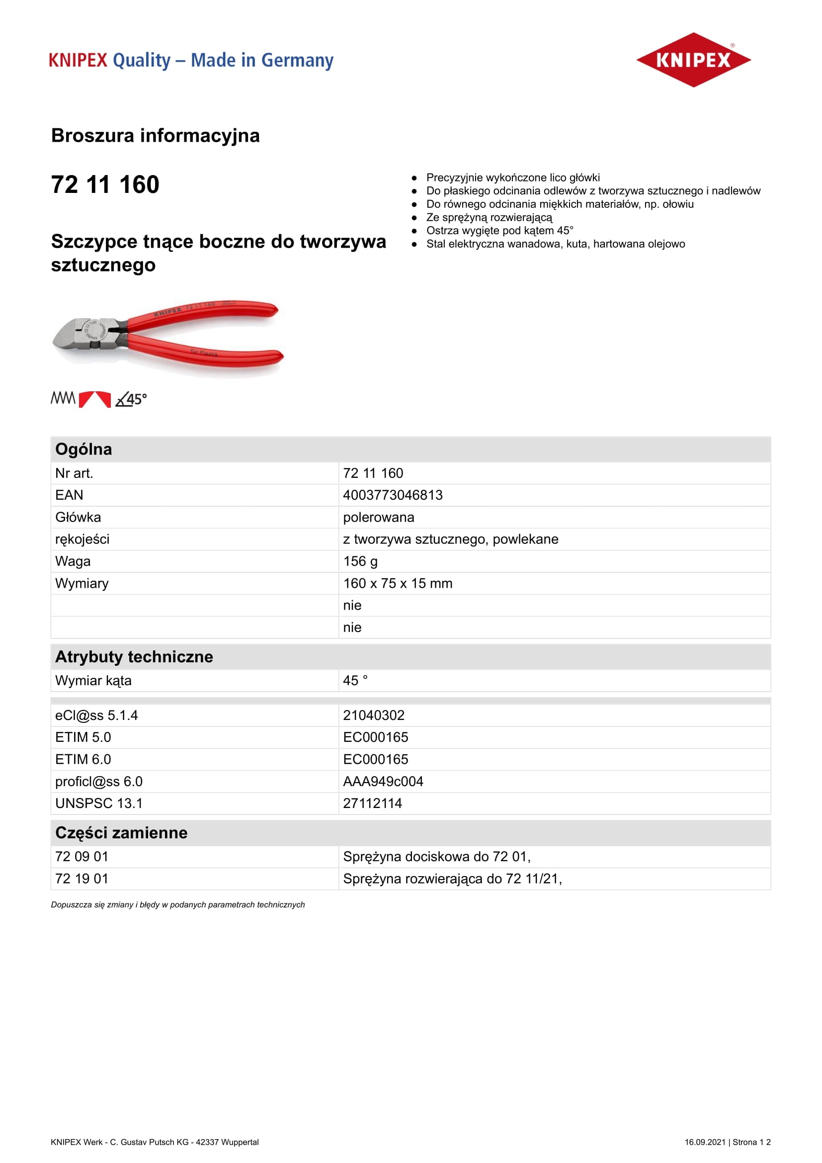 Boční štípací kleště na plasty 45° 160mm