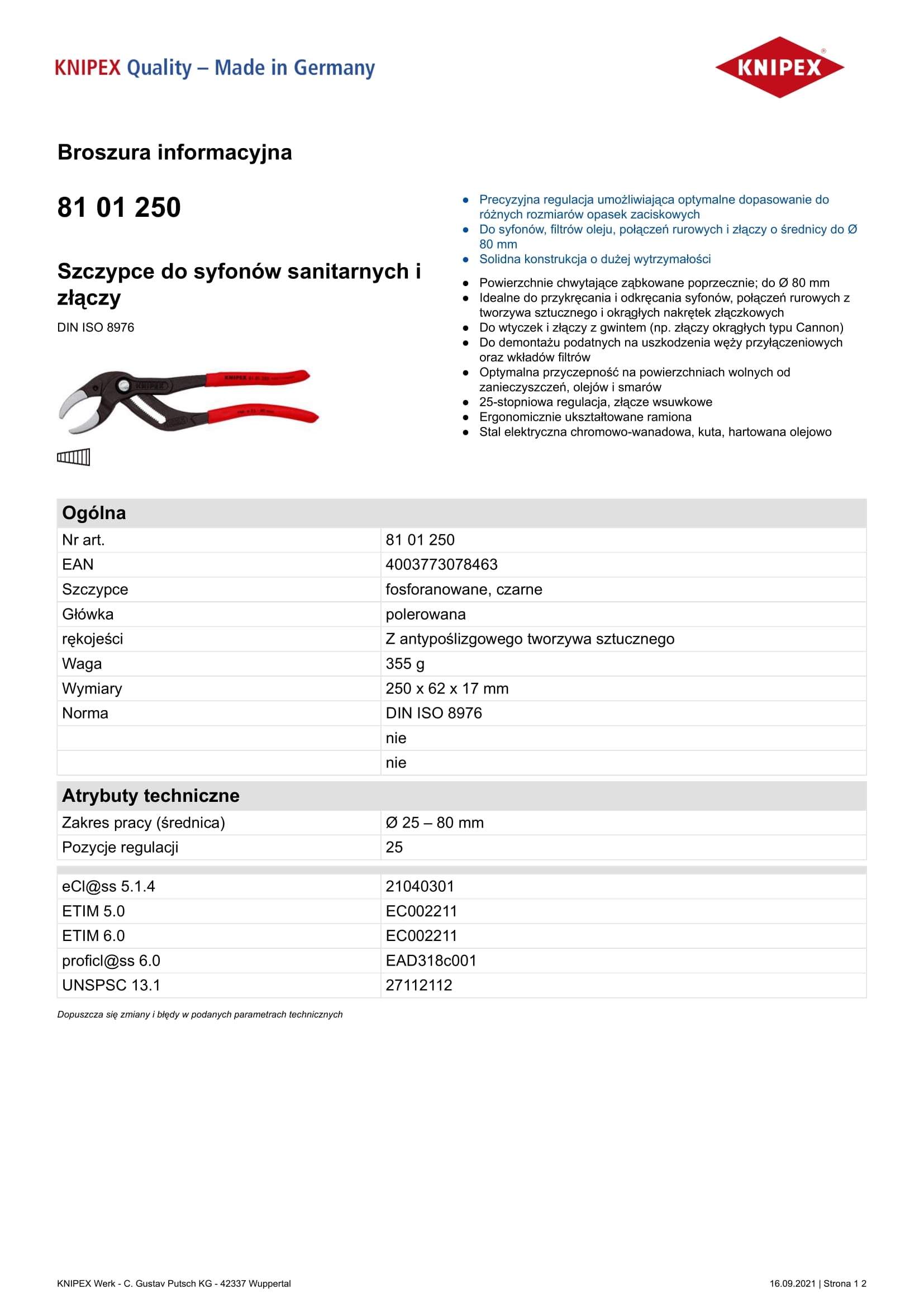 Pliers For Sanitary Siphons And Connectors 250mm 25-80mm