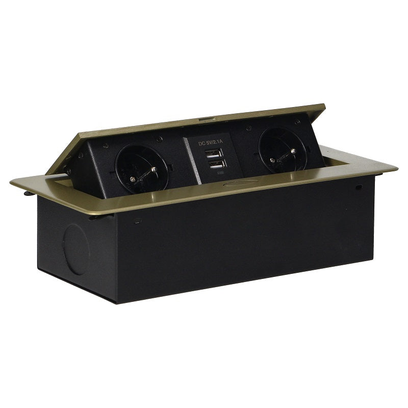 Recessed Socket 2x2p+z 2xusb Flat Brass Edge