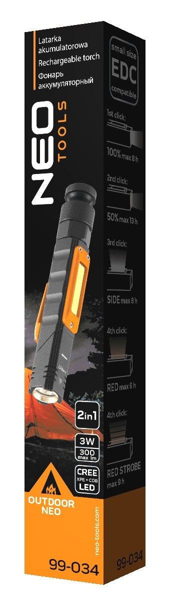 Flashlight Usb Rechargeable 300 Lm 2 In 1 Cree Xpe + Cob Led