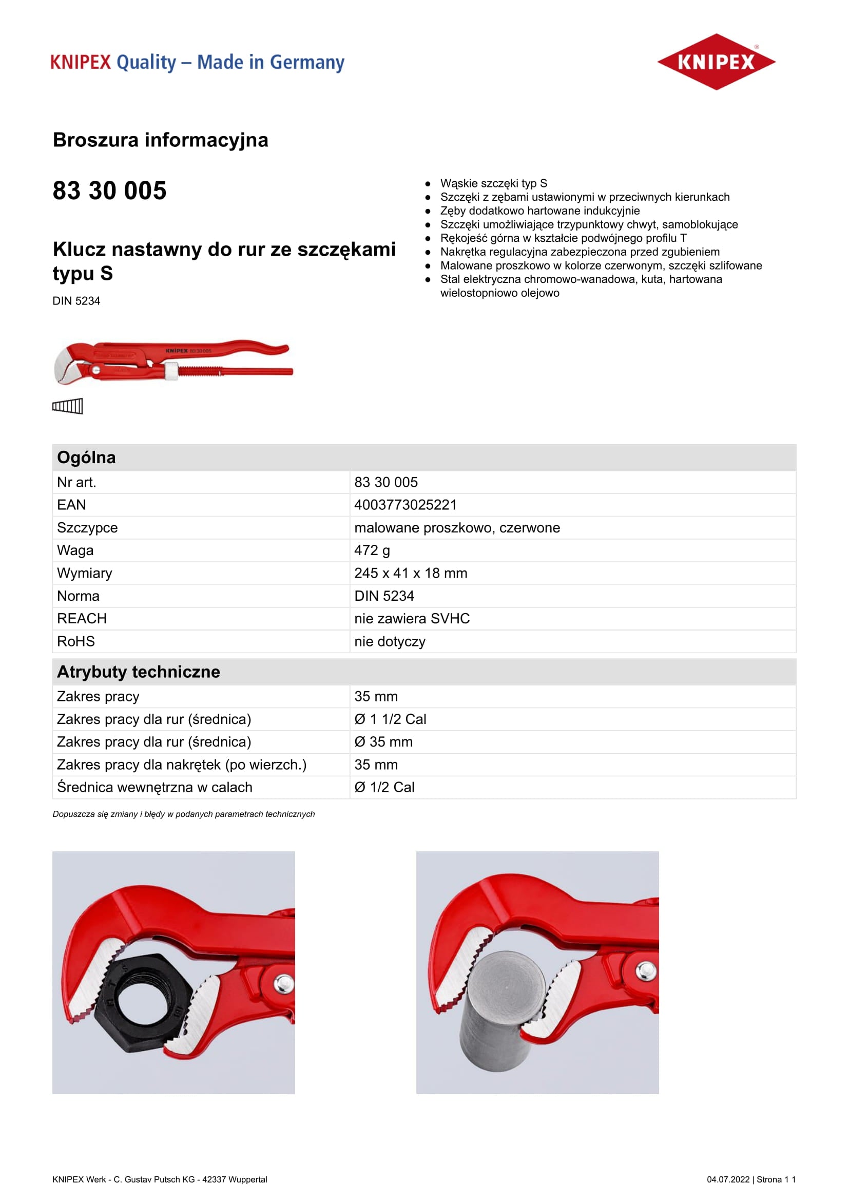 Állítható csőkulcs S-típusú pofával 245mm 1,5"