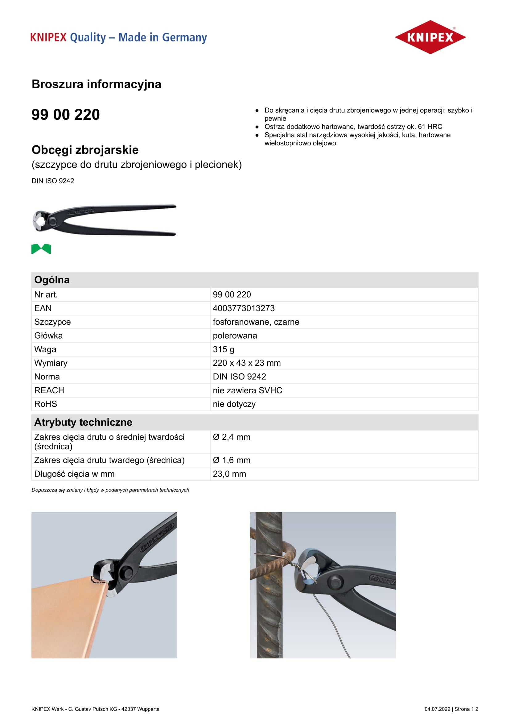 Kliešte na výstužný drôt a opletenie 220 mm