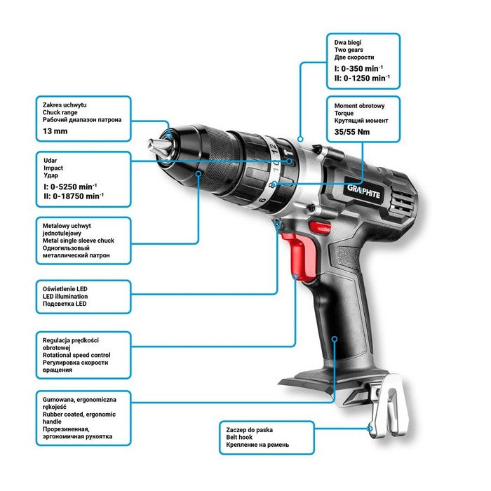 Trapano avvitatore a batteria Energy+18 V Li con impatto 13 mm senza batterie.