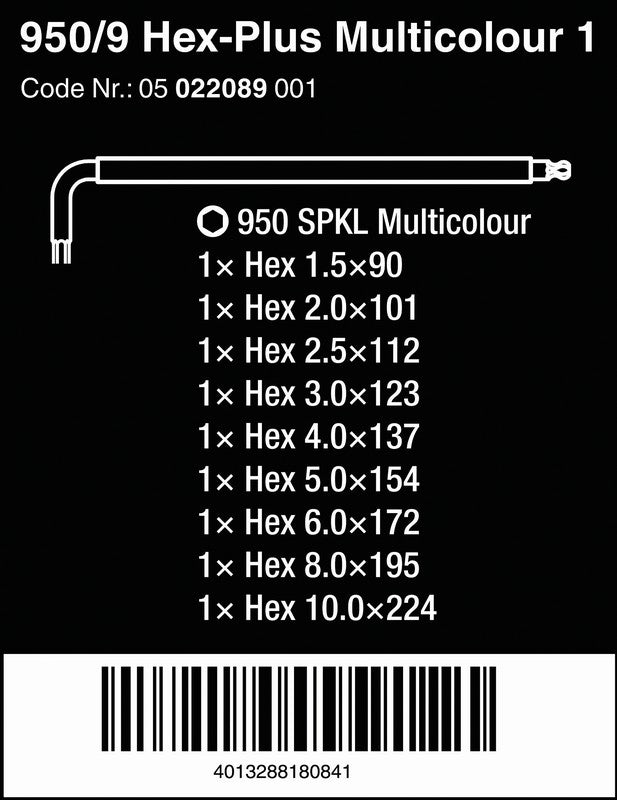 Комплект ключове със сферична глава 950 Spkl/9 Hex 1,5-10 мм