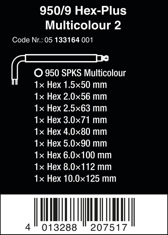Zestaw wielokolorowych kluczy trzpieniowych 950/9 Hex-plus