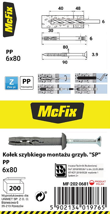 Rychloupínací zátka s Pp přírubou 6*80mm