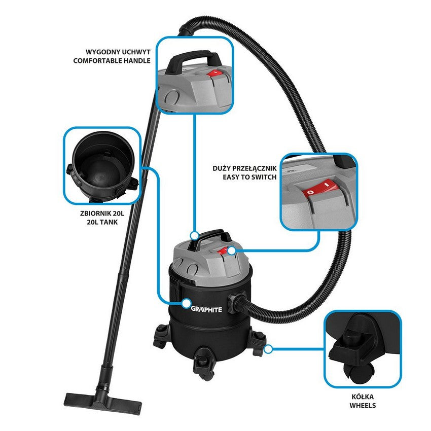 Průmyslový vysavač 1200w 20l plastová nádrž