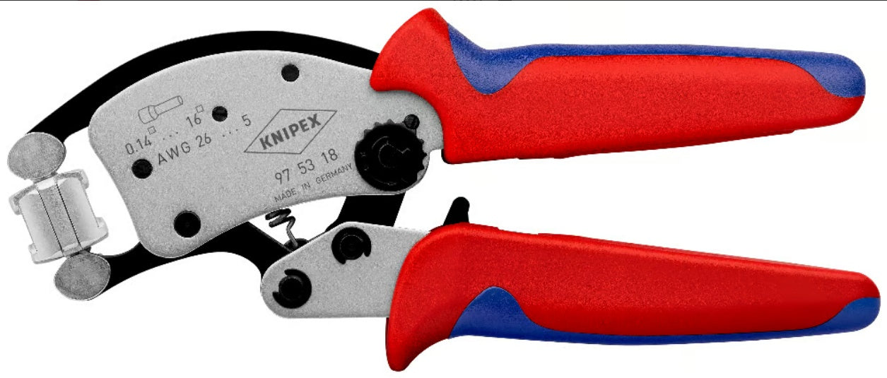 Self-adjusting Sleeve Crimping Pliers With Rotary Head.