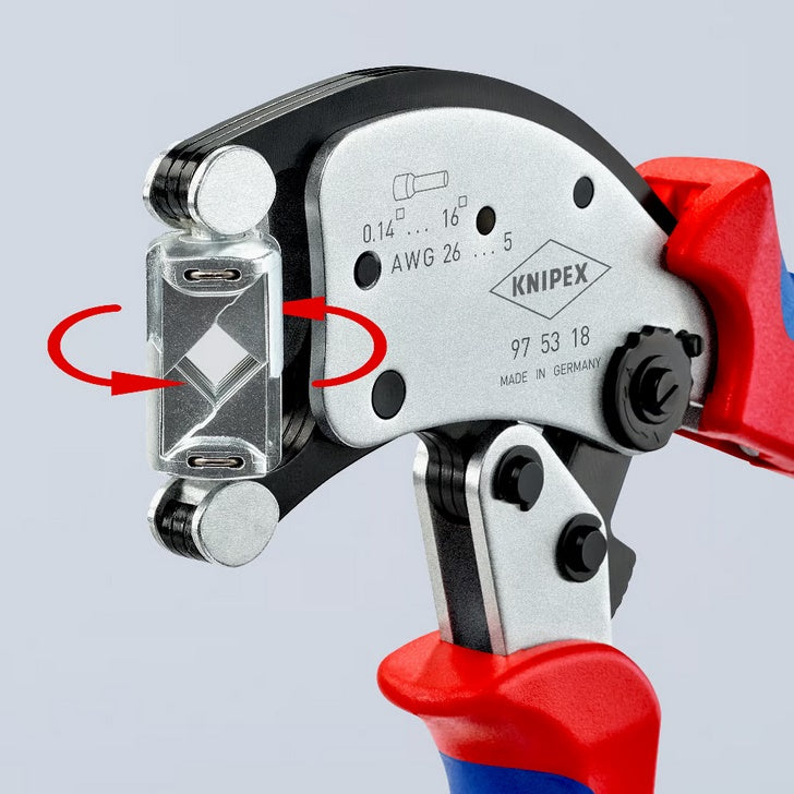 Self-adjusting Sleeve Crimping Pliers With Rotary Head.