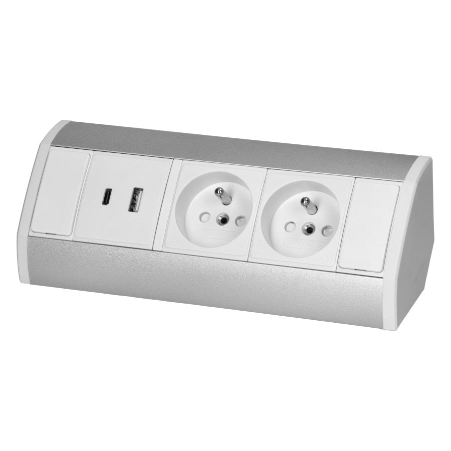 Soicéad Troscáin 2x2p+z+2xusb Bán-airgead