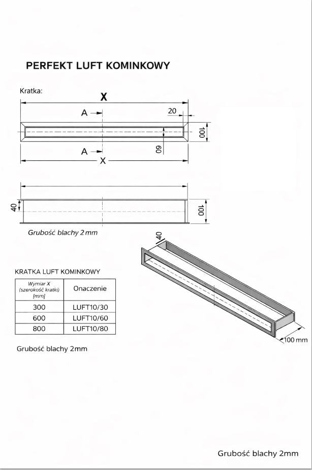 Kandalló rostély Luft 100*800mm