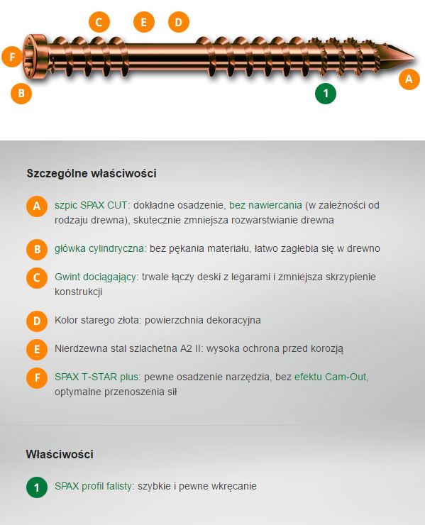 Vite per decking A2 (400) Tx 5,0*60 mm Spax-d Oro antico
