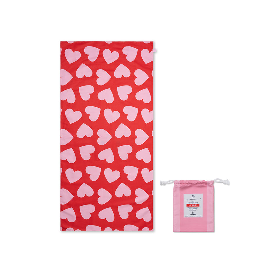 Swim Essentials Beach Towel Microfiber - Red - Hearts - 135 X 65 Cm