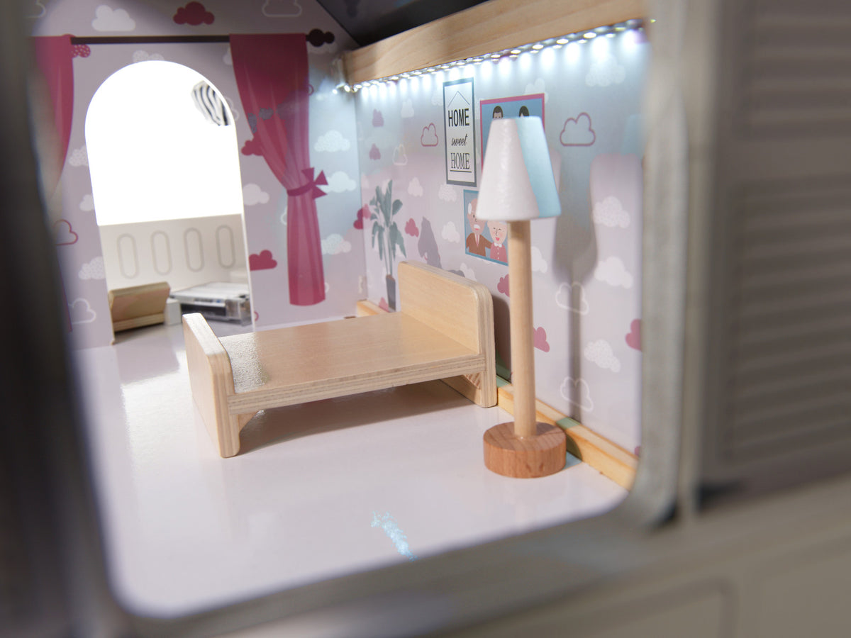 Maison de poupée en bois Mdf + meubles 78cm Led noire
