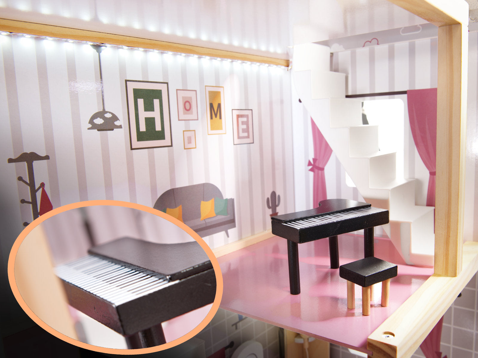 Mdf Wooden Doll House + Furniture 78cm Black Led