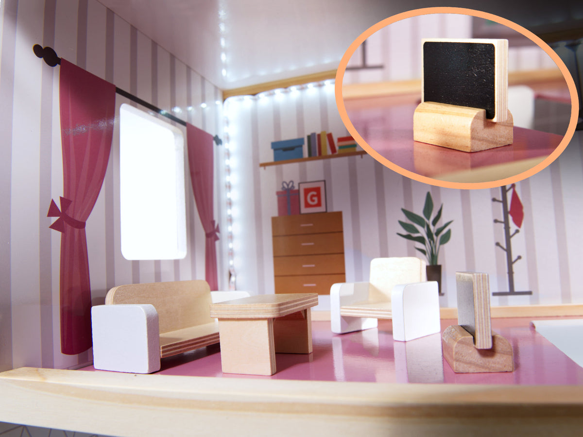 Maison de poupée en bois Mdf + meubles 78cm Led noire