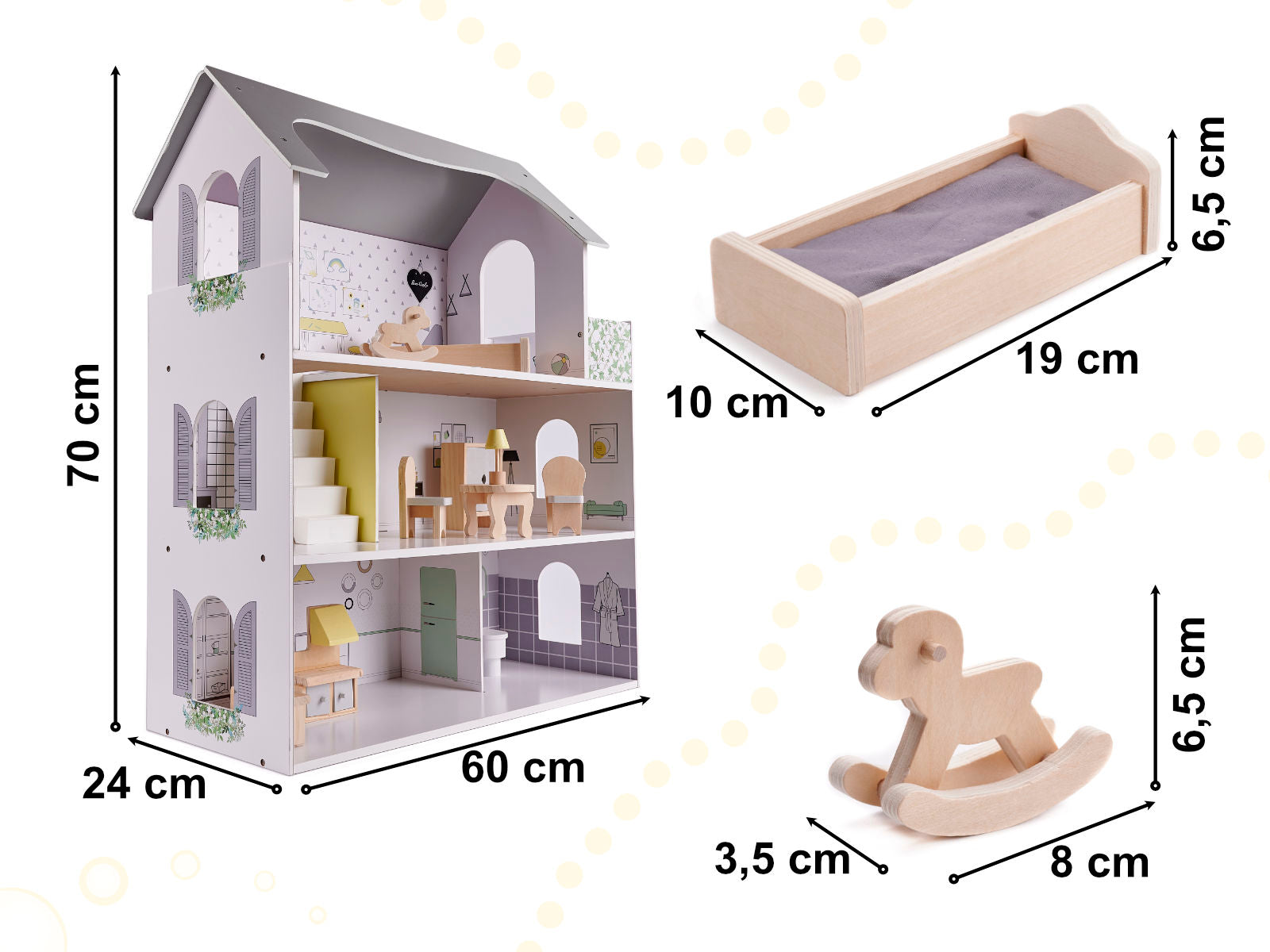 Wooden Dollhouse + Furniture 70cm Grey