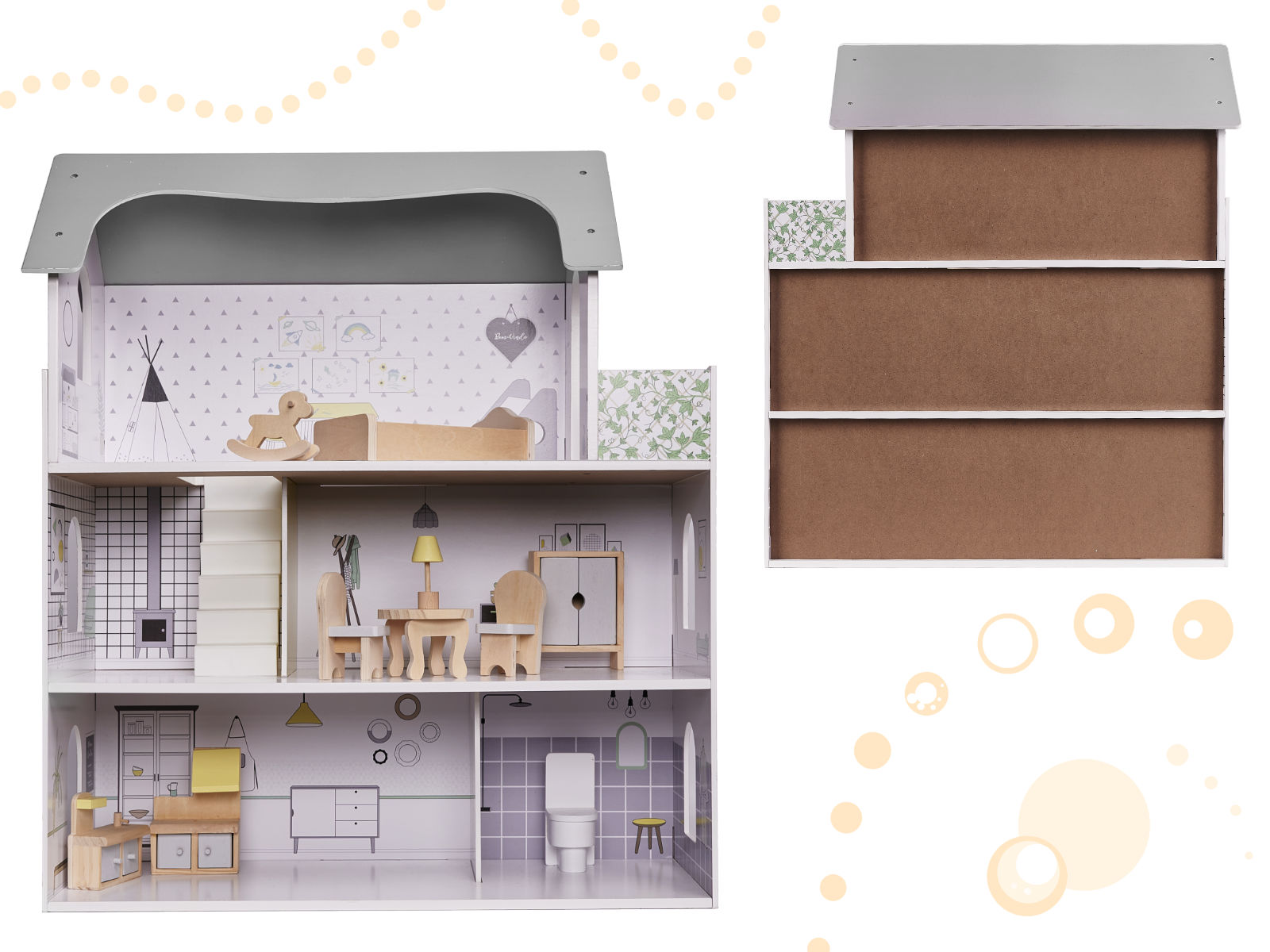 Wooden Dollhouse + Furniture 70cm Grey
