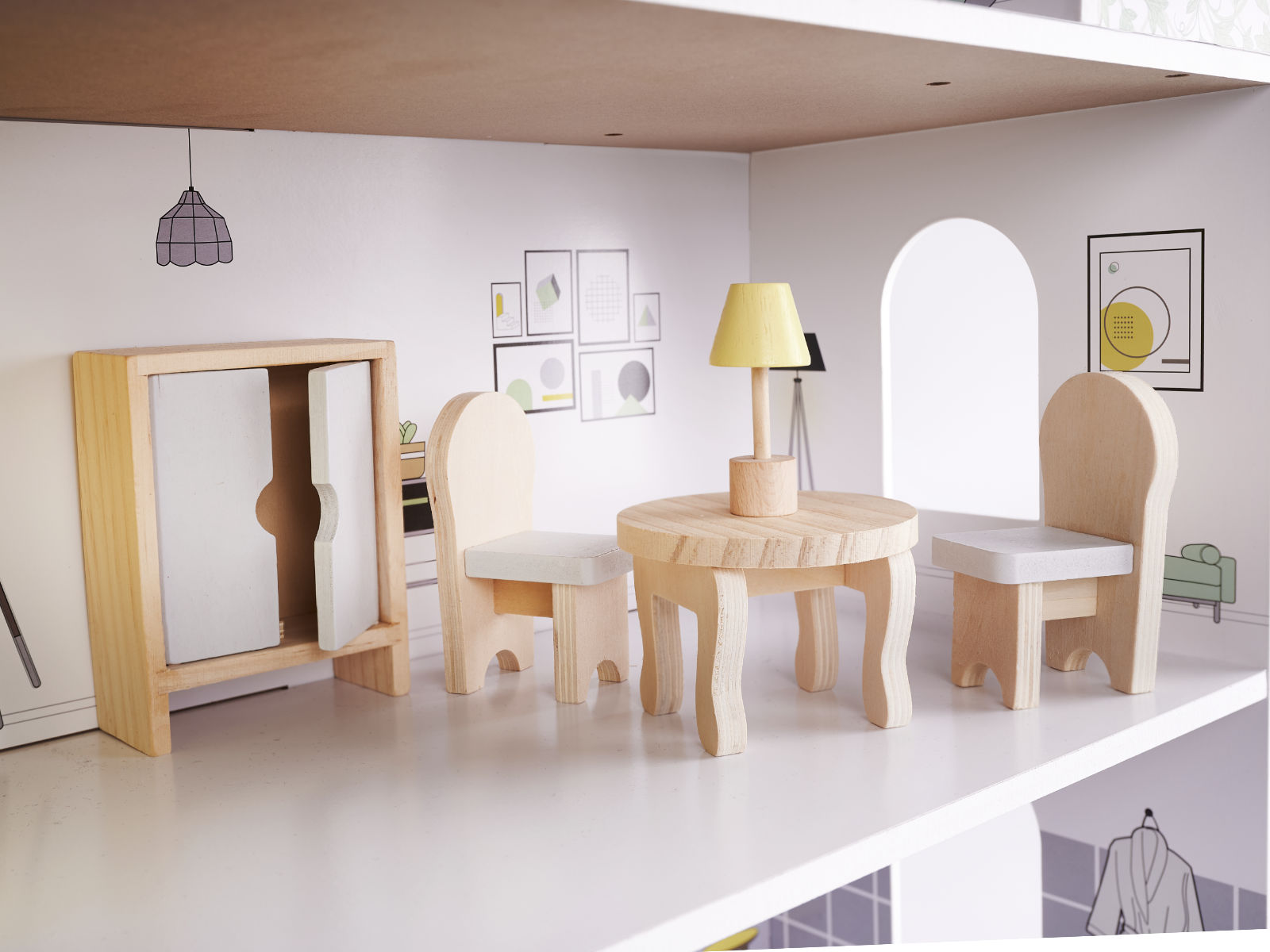 Wooden Dollhouse + Furniture 70cm Grey