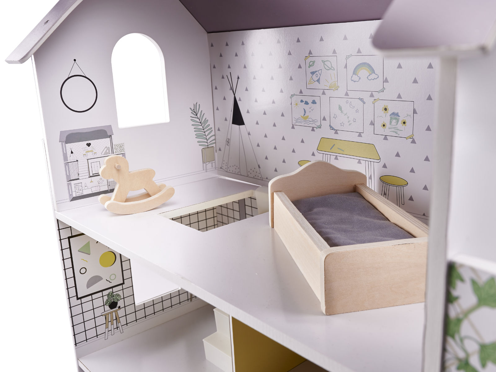 Wooden Dollhouse + Furniture 70cm Grey