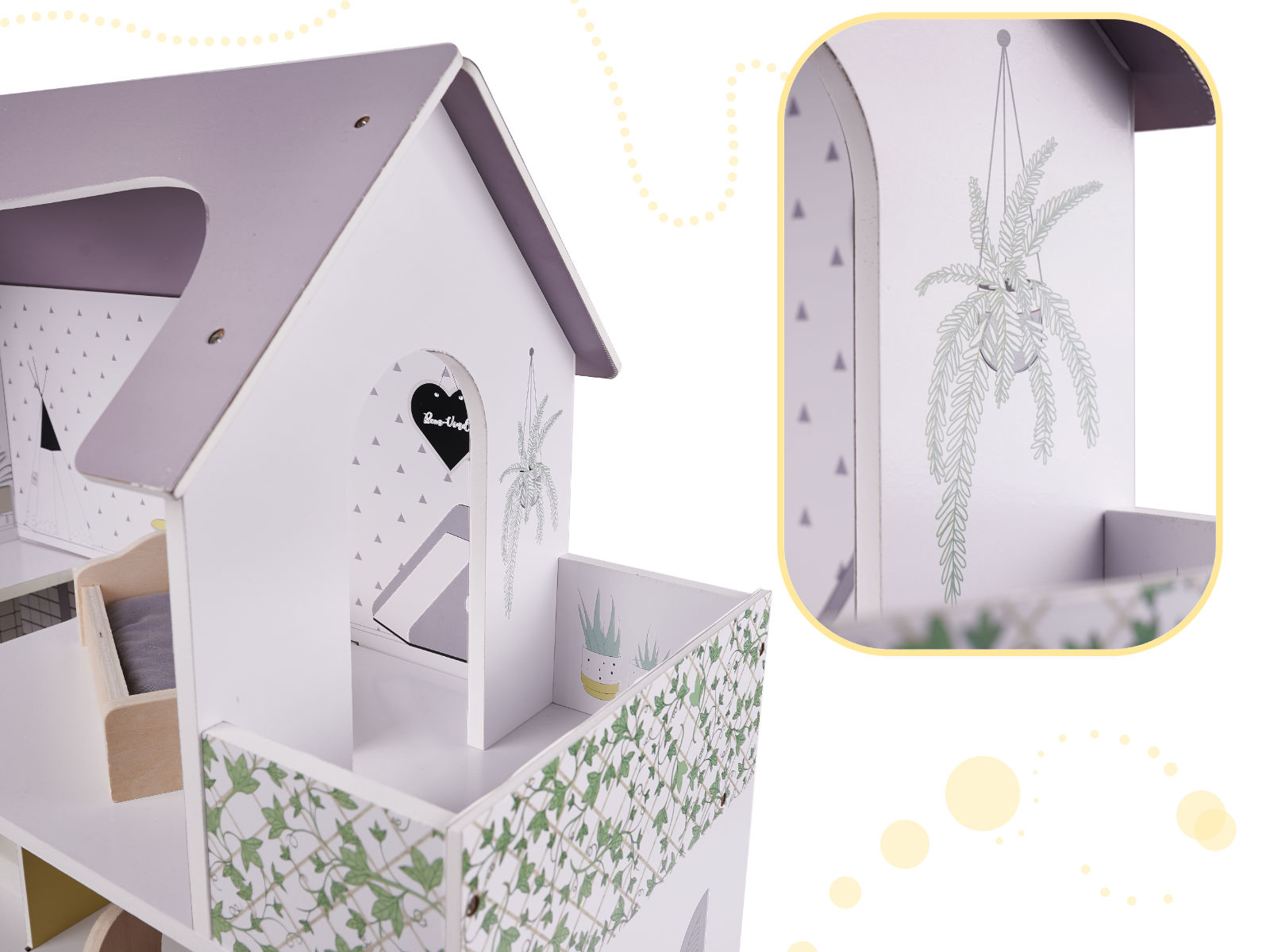 Wooden Dollhouse + Furniture 70cm Grey
