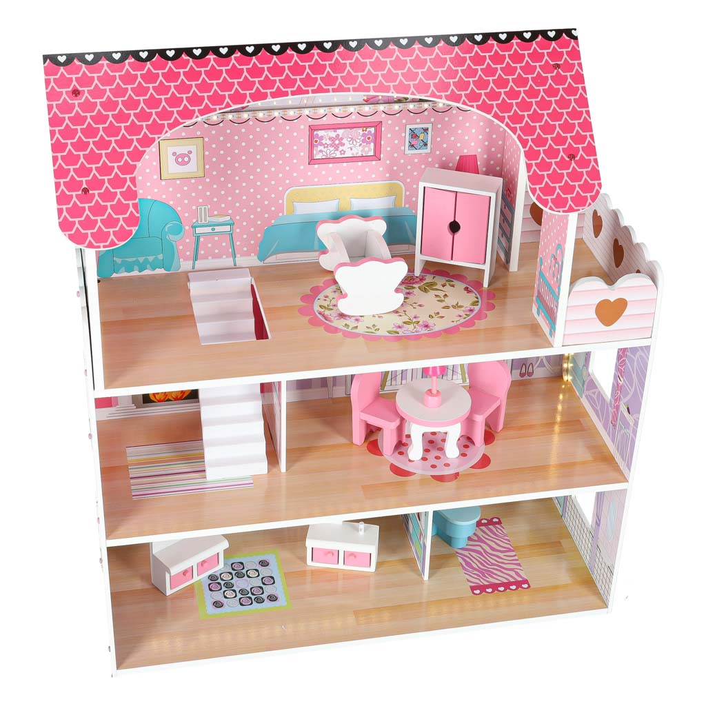 Mdf Wooden Dollhouse + Furniture 70cm Pink Led