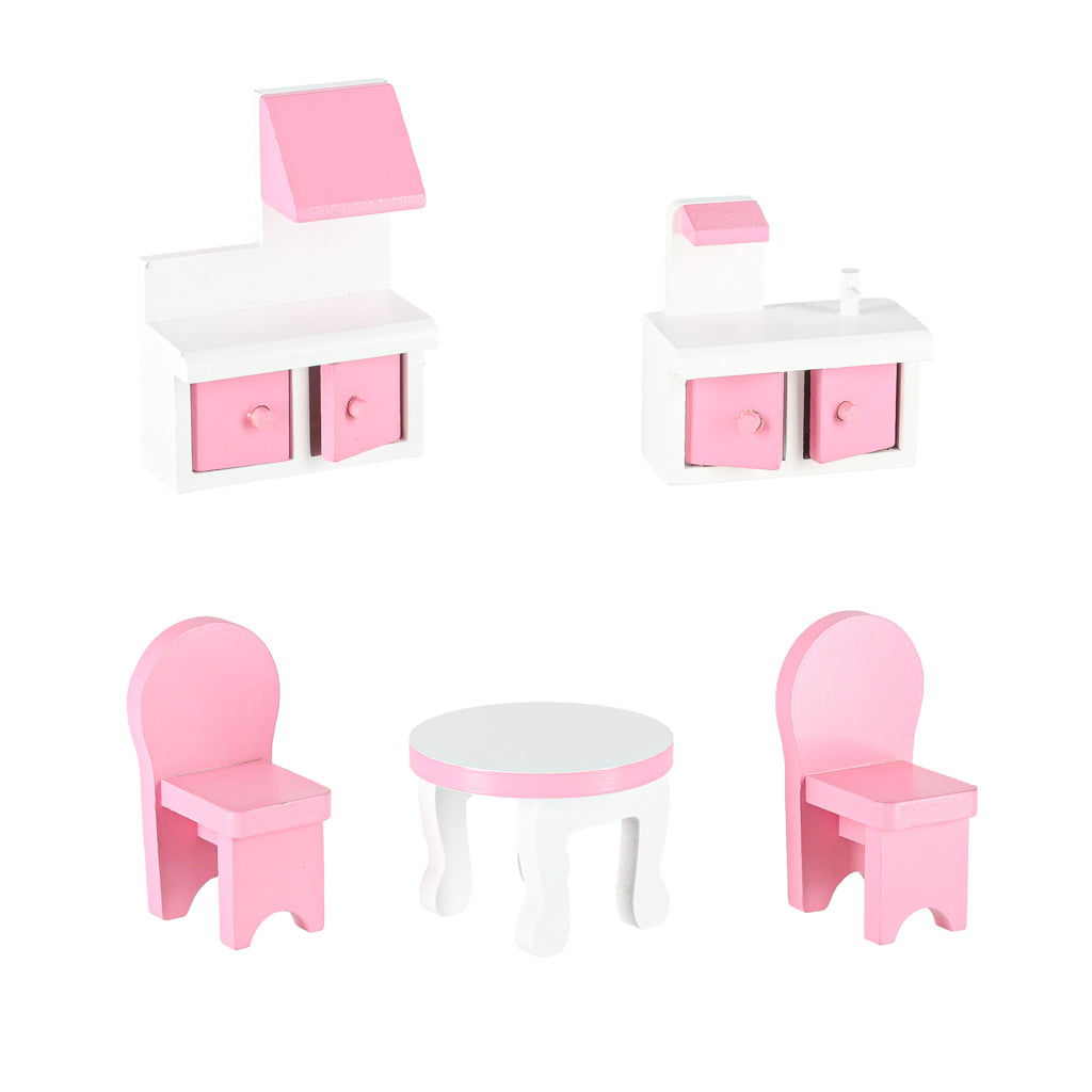 Mdf Wooden Dollhouse + Furniture 70cm Pink Led