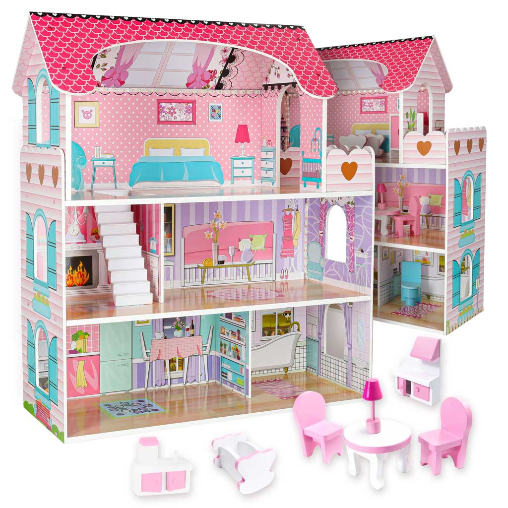 Mdf Wooden Dollhouse + Furniture 70cm Pink Led
