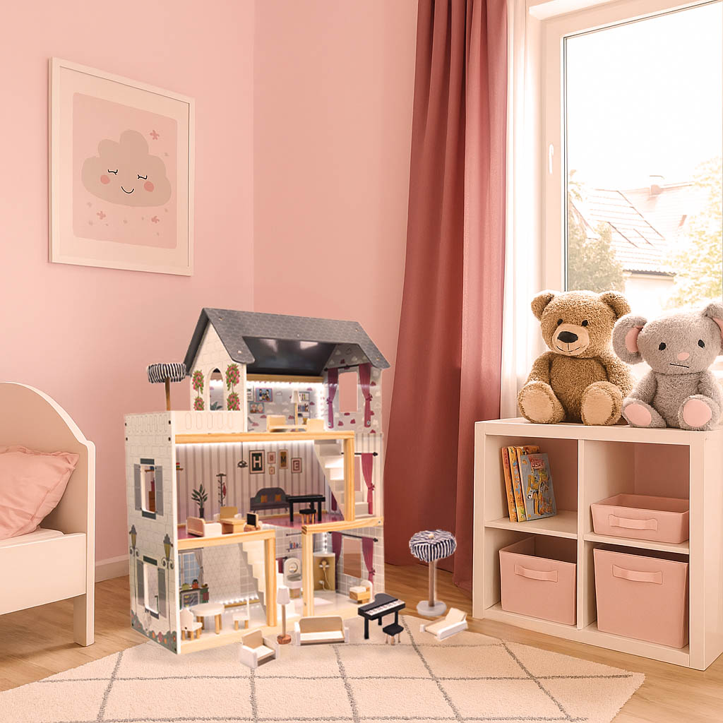 Mdf Wooden Doll House + Furniture 78cm Black Led