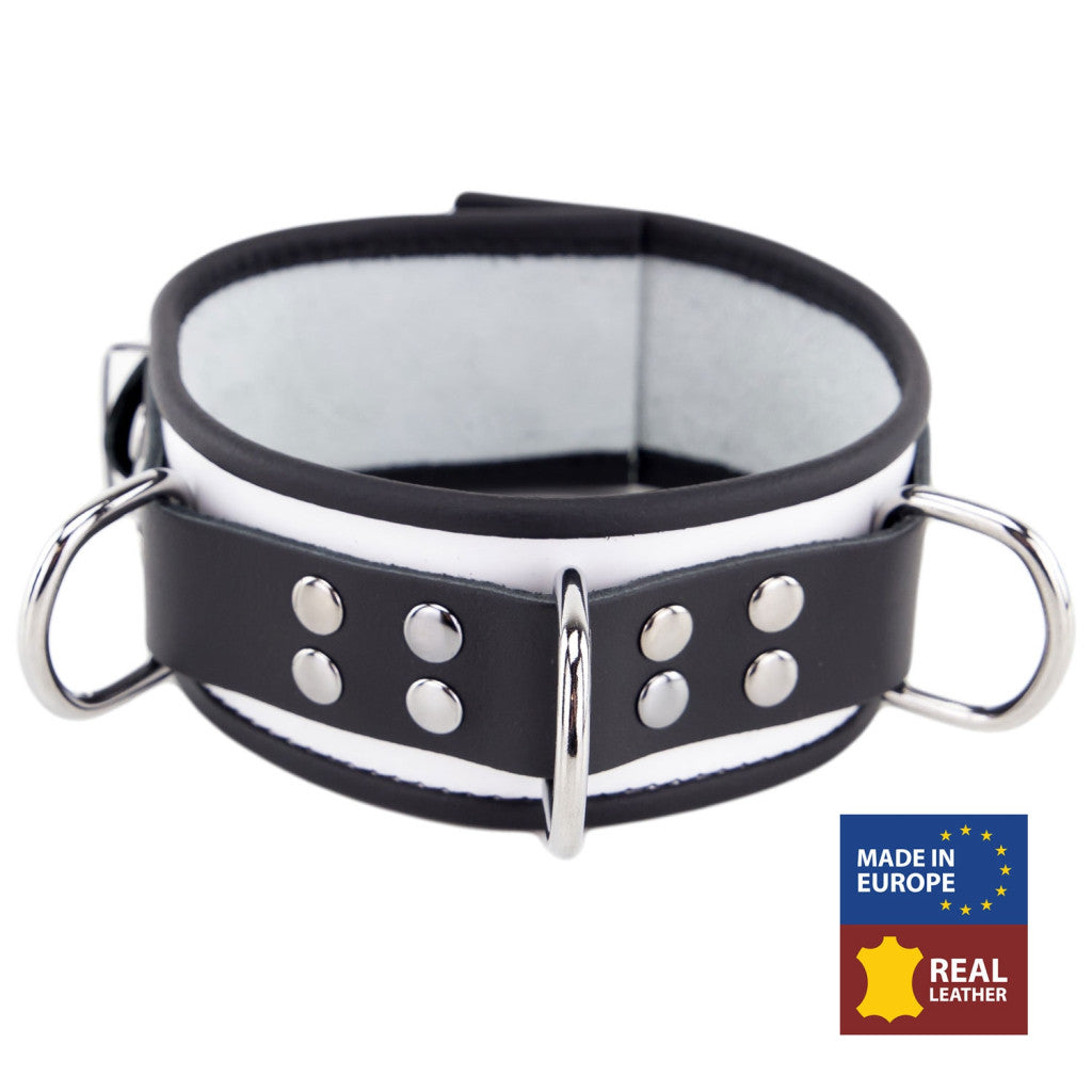 Leather Necklace With 3 Rings – White-black Elegance