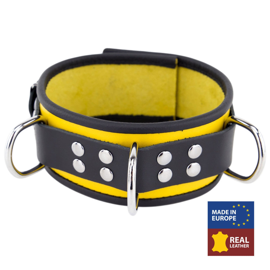 Leather Necklace With 3 Rings In Yellow And Black Design