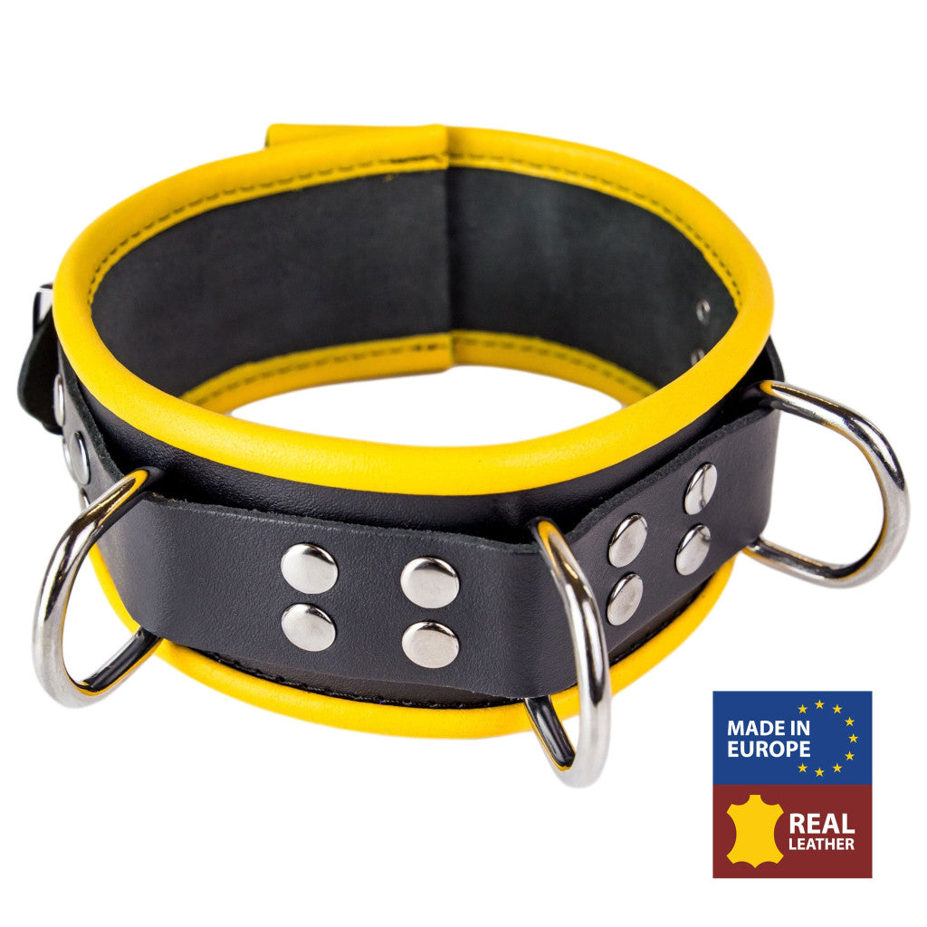 Leather Necklace - 3 D-ring - Black/yellow