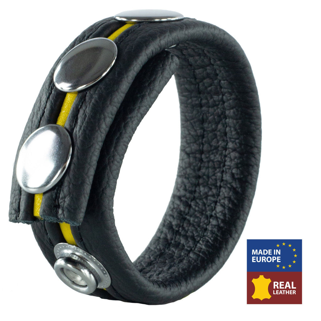 Premium Leather Cock Ring – Three-stage Closure Black-yellow